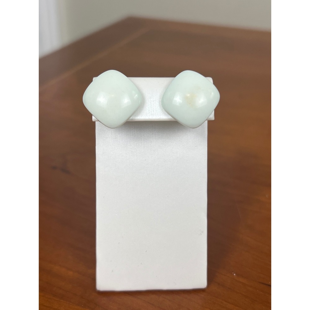 Vintage Mint Green Square Stud Earrings Geometric Domed Cabochon Post Backs